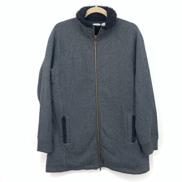 LL Bean Women Size Medium Sweatshirt Zip Jacket Top Gray Black Sherpa Lined - Picture 1 of 9